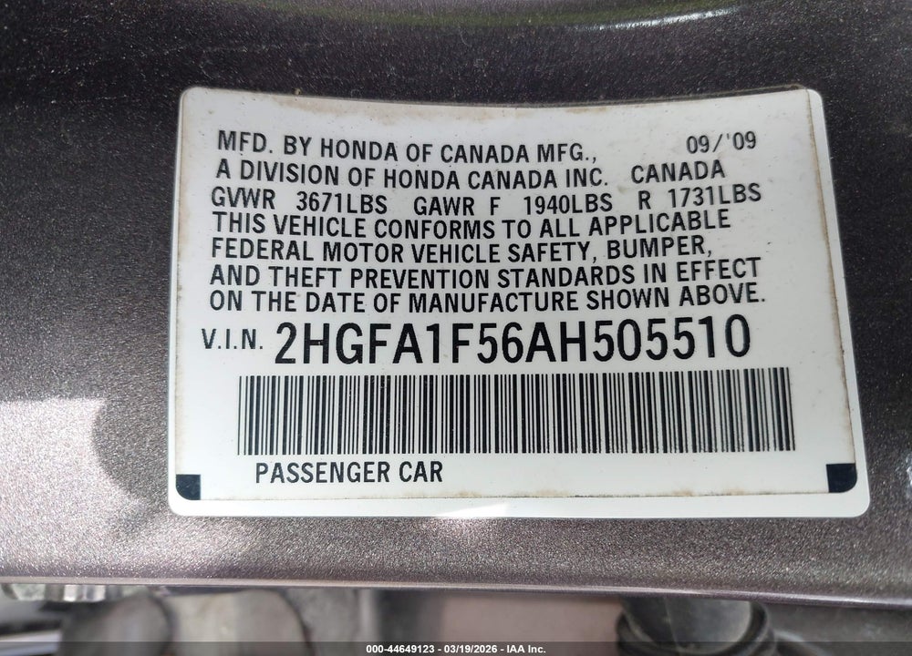 2010 HONDA CIVIC LX VIN: 2HGFA1F56AH505510