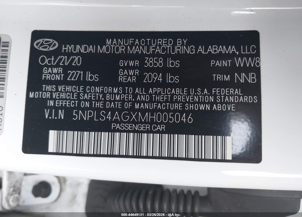 2021 HYUNDAI ELANTRA SEL VIN: 5NPLS4AGXMH005046