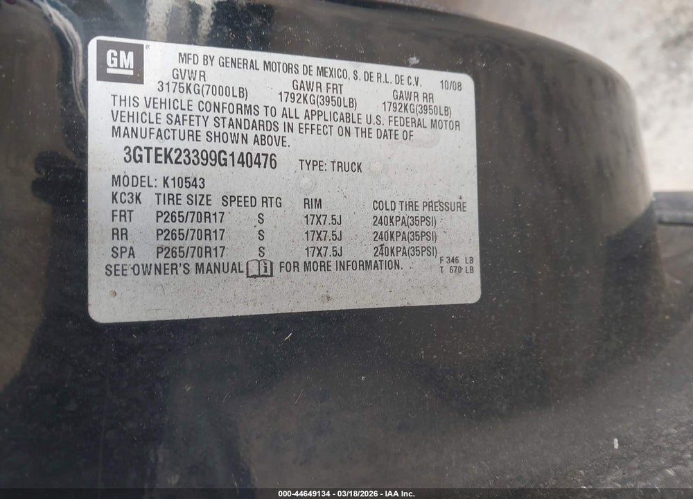 2009 GMC SIERRA 1500 SLE VIN: 3GTEK23399G140476