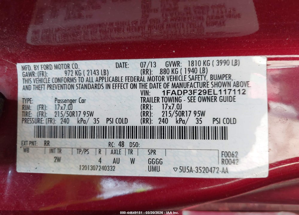 2014 FORD FOCUS SE VIN: 1FADP3F29EL117112