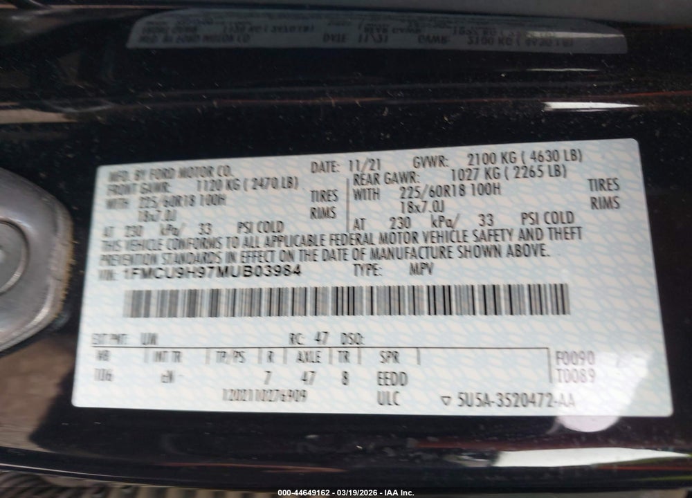 2021 FORD ESCAPE SEL VIN: 1FMCU9H97MUB03984