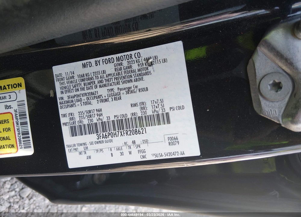 2015 FORD FUSION SE VIN: 3FA6P0H7XFR208621
