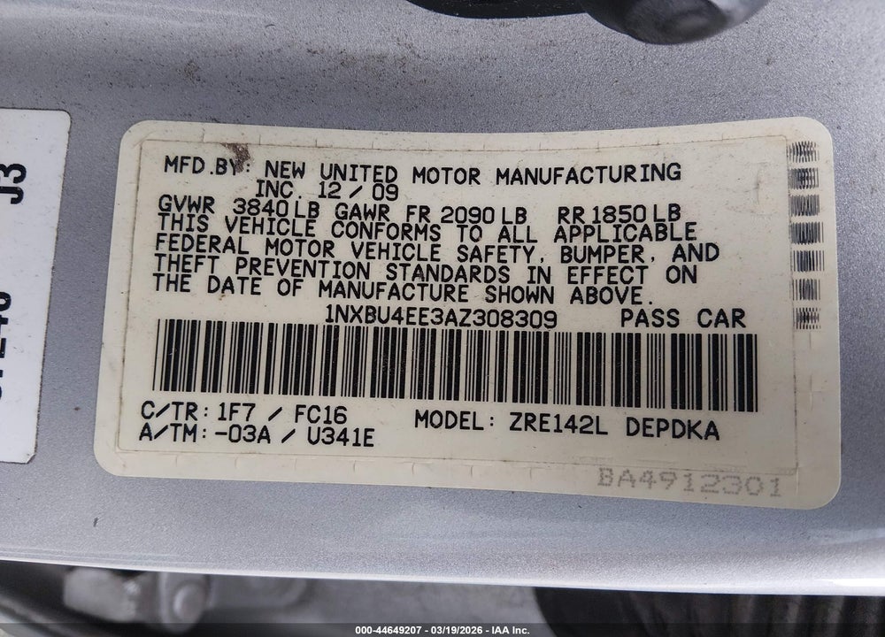 2010 TOYOTA COROLLA LE VIN: 1NXBU4EE3AZ308309
