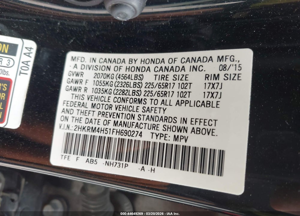 2015 HONDA CR-V EX VIN: 2HKRM4H51FH690274