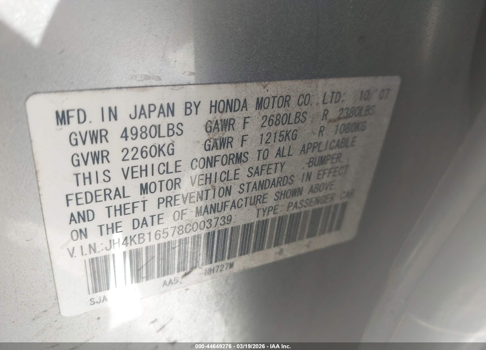 2008 ACURA RL VIN: JH4KB16578C003739