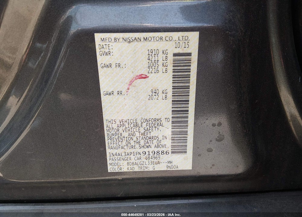 2015 NISSAN ALTIMA 2.5 S VIN: 1N4AL3AP1FN919886
