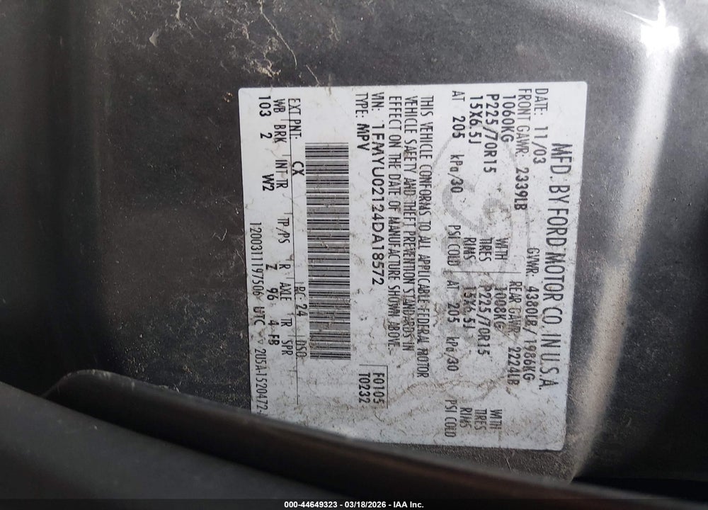 2004 FORD ESCAPE XLS VIN: 1FMYU02124DA18572
