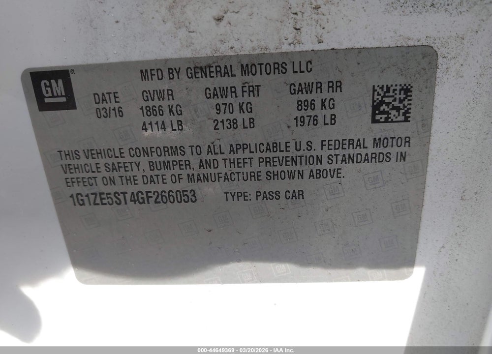 2016 CHEVROLET MALIBU 1LT VIN: 1G1ZE5ST4GF266053