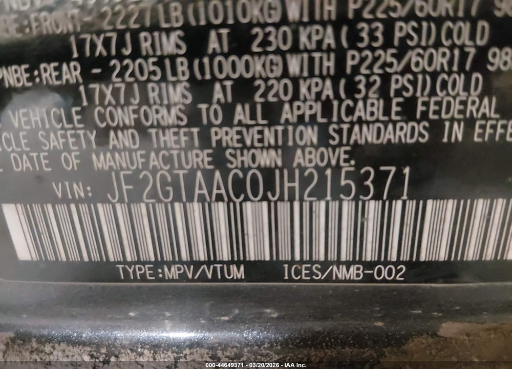 2018 SUBARU CROSSTREK 2.0I VIN: JF2GTAAC0JH215371