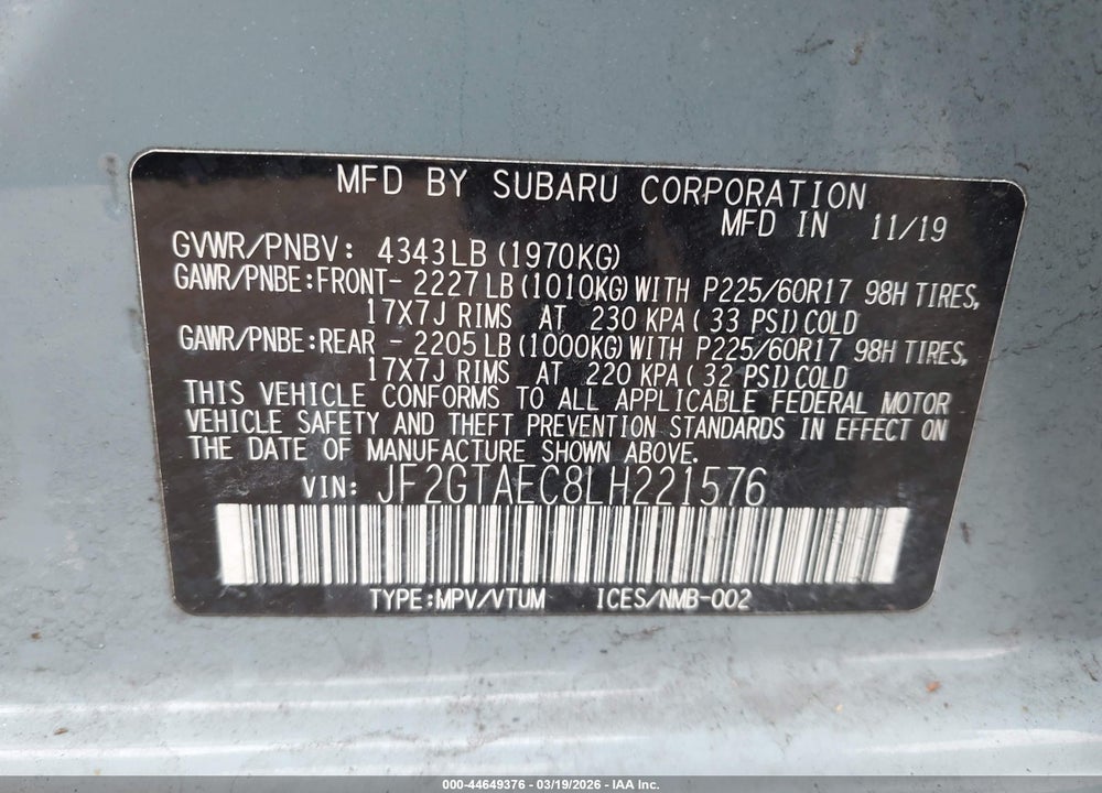 2020 SUBARU CROSSTREK PREMIUM VIN: JF2GTAEC8LH221576