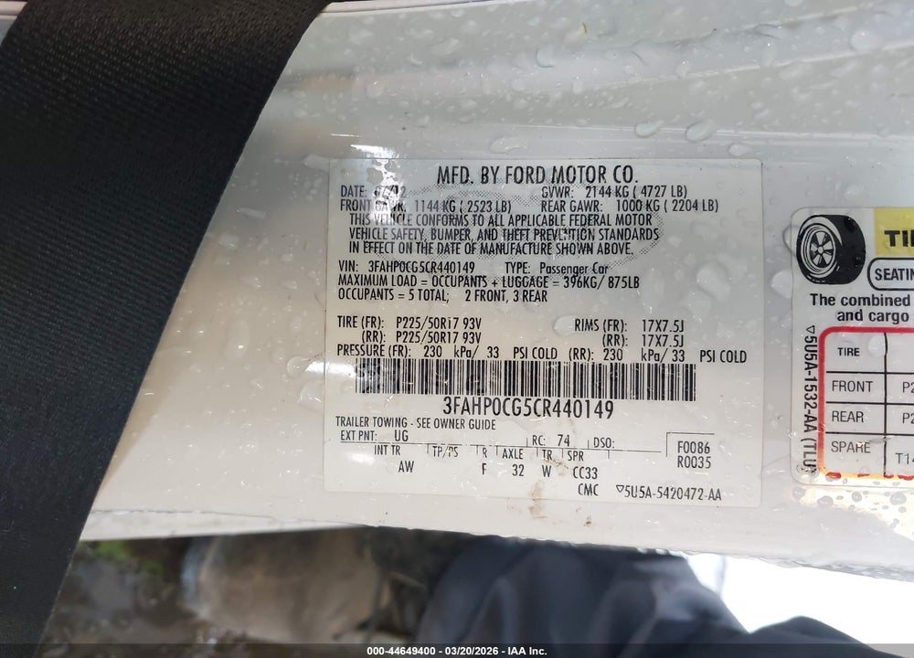 2012 FORD FUSION SEL VIN: 3FAHP0CG5CR440149
