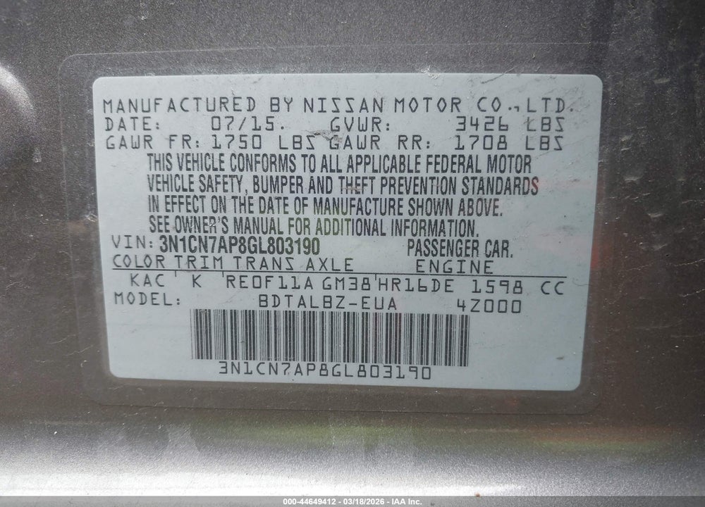 2016 NISSAN VERSA VIN: 3N1CN7AP8GL803190