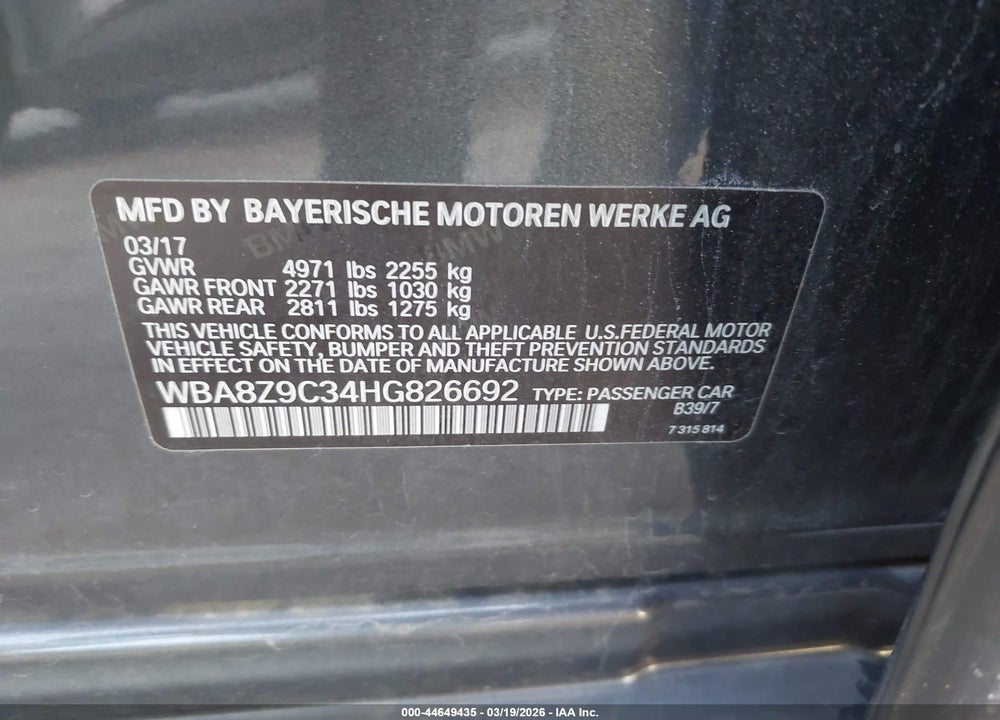 2017 BMW 330I GRAN TURISMO XDRIVE VIN: WBA8Z9C34HG826692