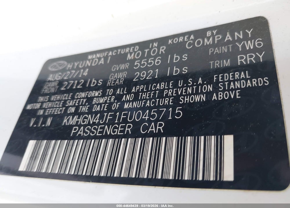 2015 HYUNDAI GENESIS 5.0 VIN: KMHGN4JF1FU045715