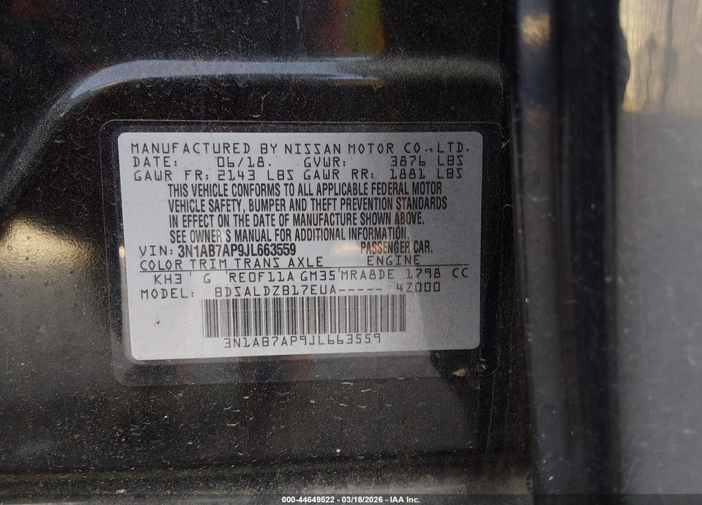 2018 NISSAN SENTRA SV VIN: 3N1AB7AP9JL663559
