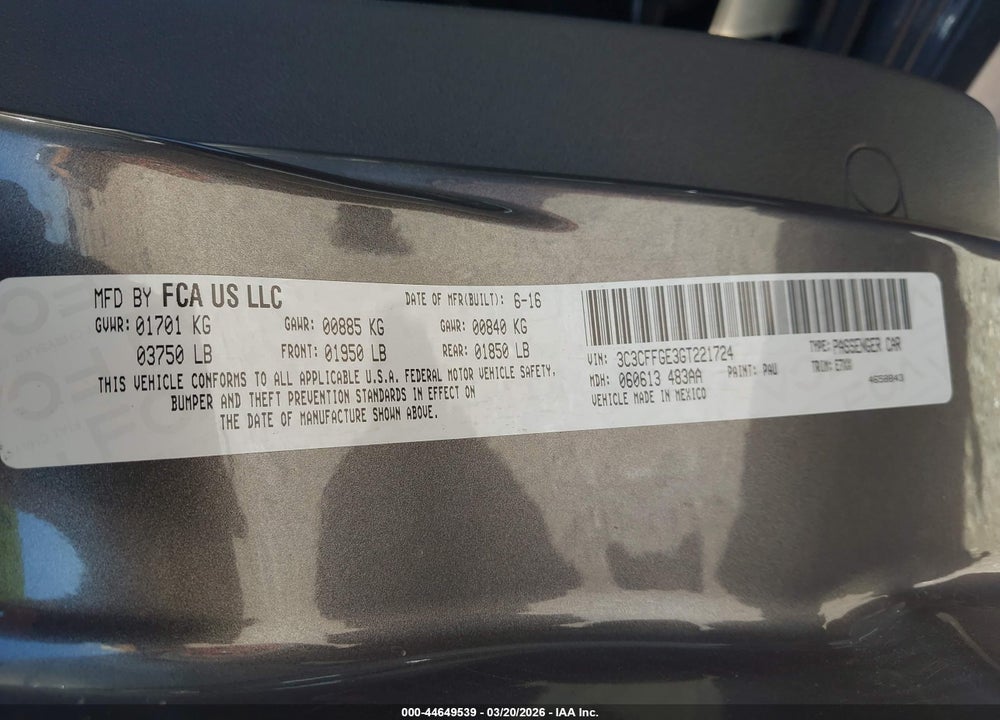 2016 FIAT 500E BATTERY ELECTRIC VIN: 3C3CFFGE3GT221724