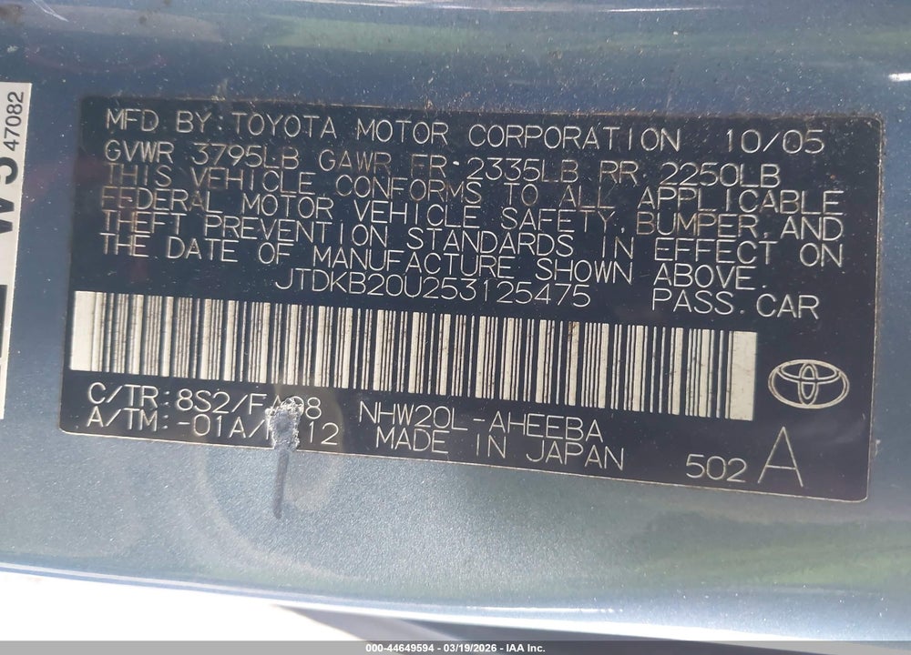2005 TOYOTA PRIUS VIN: JTDKB20U253125475
