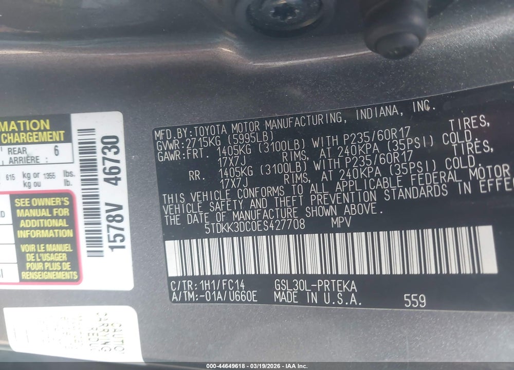 2014 TOYOTA SIENNA LE V6 8 PASSENGER VIN: 5TDKK3DC0ES427708