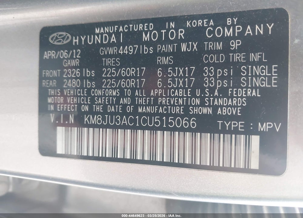 2012 HYUNDAI TUCSON GLS VIN: KM8JU3AC1CU515066