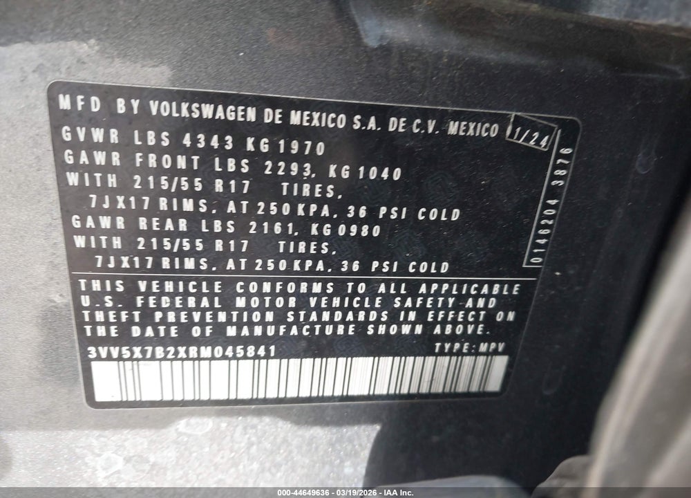 2024 VOLKSWAGEN TAOS 1.5T S VIN: 3VV5X7B2XRM045841