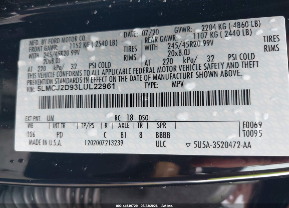 2020 LINCOLN CORSAIR RESERVE VIN: 5LMCJ2D93LUL22961