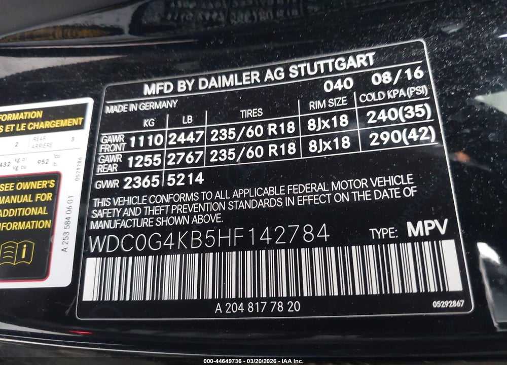 2017 MERCEDES-BENZ GLC 300 4MATIC VIN: WDC0G4KB5HF142784