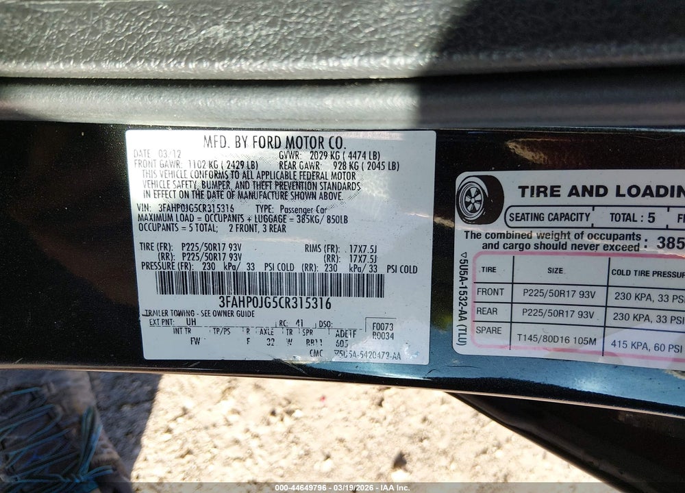 2012 FORD FUSION SEL VIN: 3FAHP0JG5CR315316
