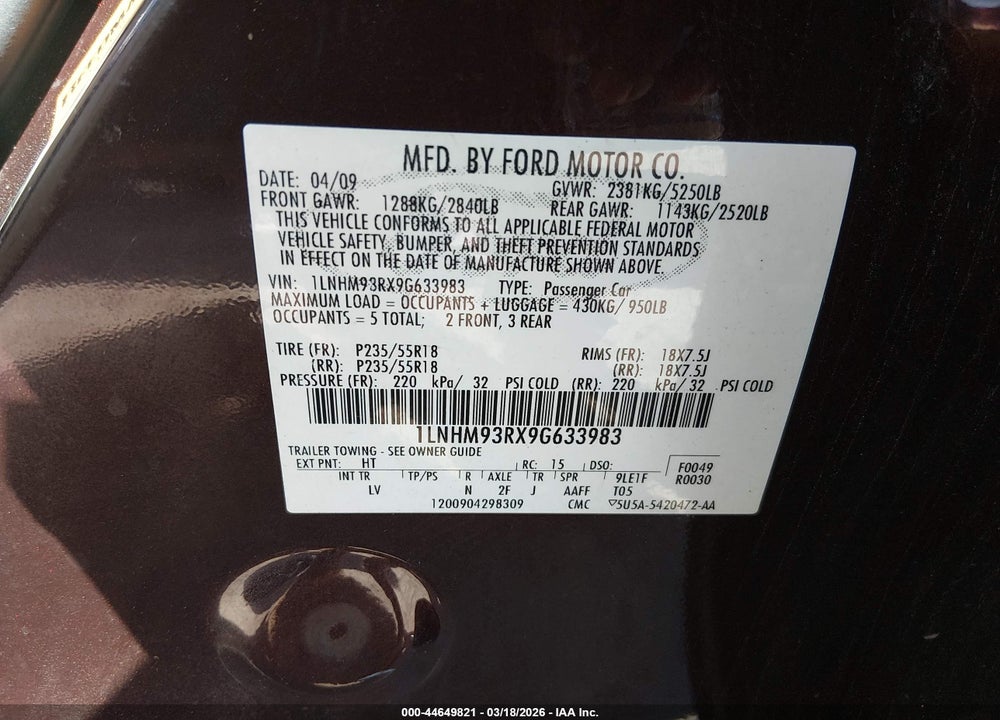 2009 LINCOLN MKS VIN: 1LNHM93RX9G633983