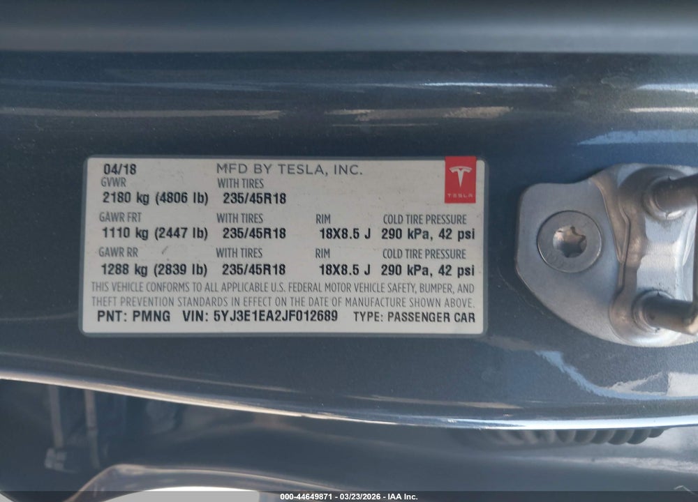 2018 TESLA MODEL 3 VIN: 5YJ3E1EA2JF012689