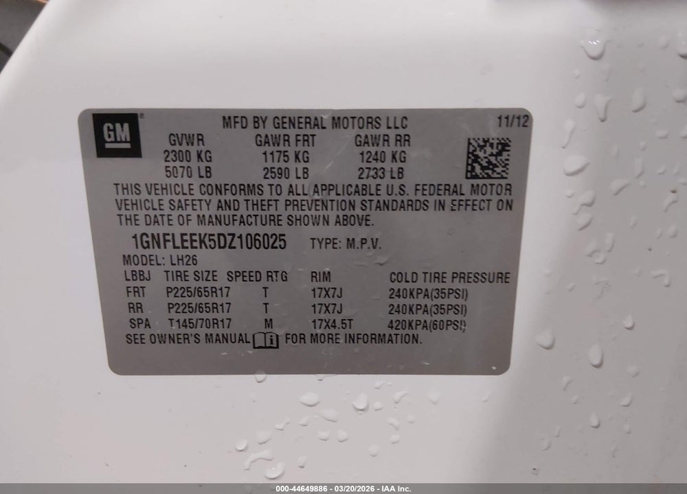 2013 CHEVROLET EQUINOX 1LT VIN: 1GNFLEEK5DZ106025