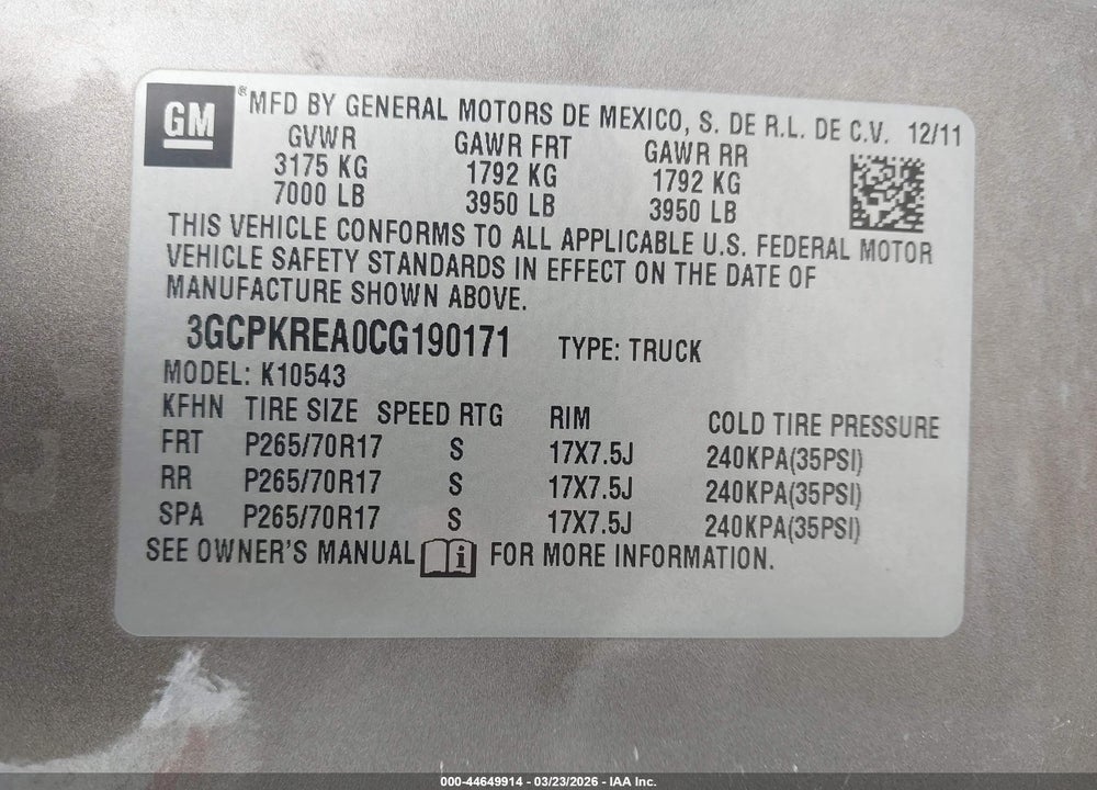 2012 CHEVROLET SILVERADO 1500 LS VIN: 3GCPKREA0CG190171