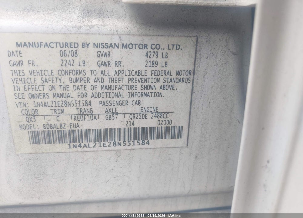 2008 NISSAN ALTIMA 2.5 S VIN: 1N4AL21E28N551584