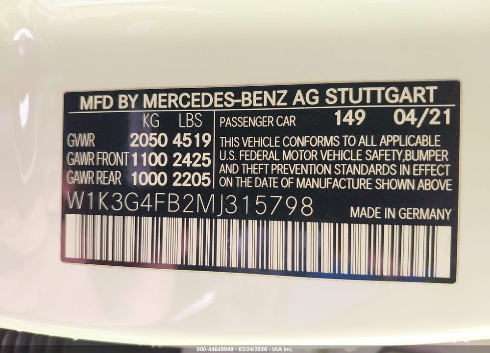 2021 MERCEDES-BENZ A 220 4MATIC VIN: W1K3G4FB2MJ315798