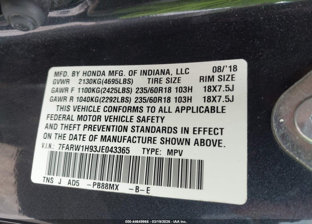 2018 HONDA CR-V TOURING VIN: 7FARW1H93JE043365