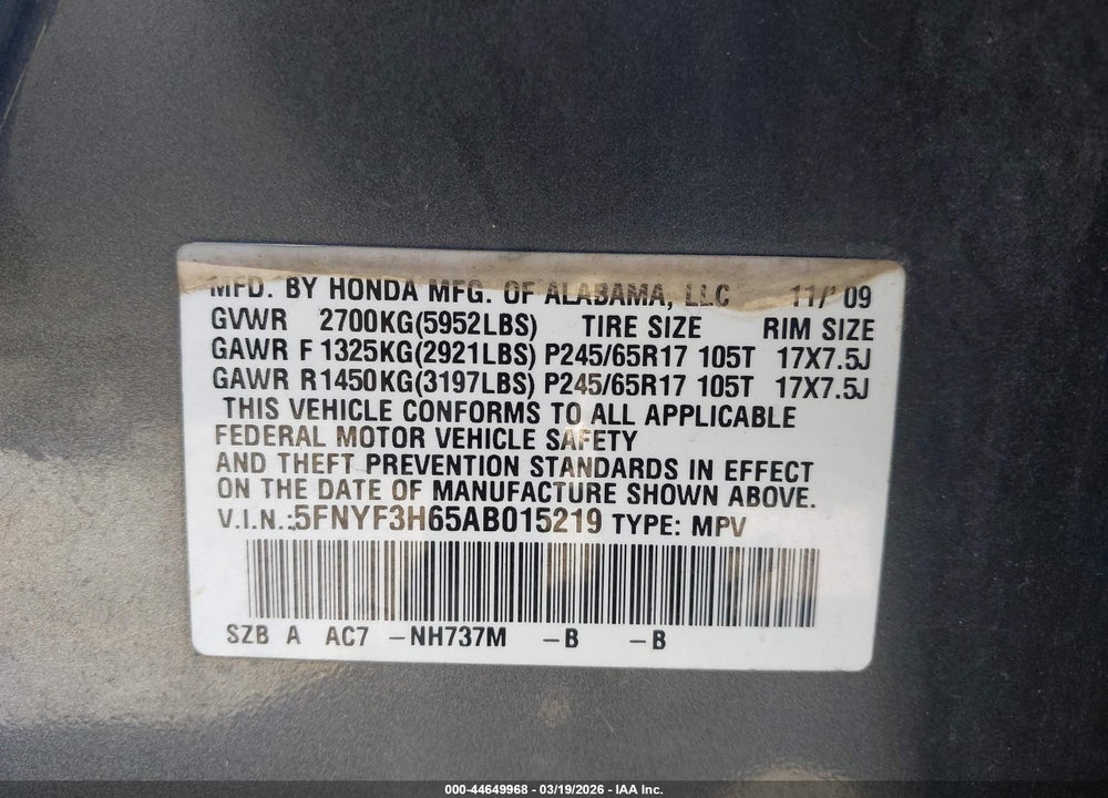 2010 HONDA PILOT EX-L VIN: 5FNYF3H65AB015219