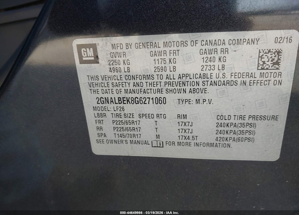 2016 CHEVROLET EQUINOX LS VIN: 2GNALBEK8G6271060