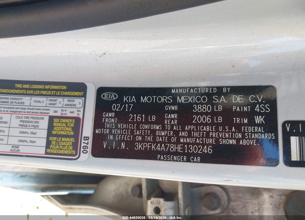 2017 KIA FORTE LX VIN: 3KPFK4A78HE130246