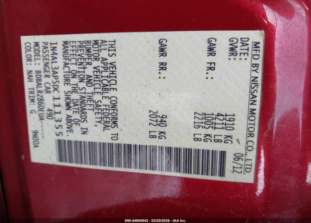 2013 NISSAN ALTIMA 2.5 S VIN: 1N4AL3AP5DC111355