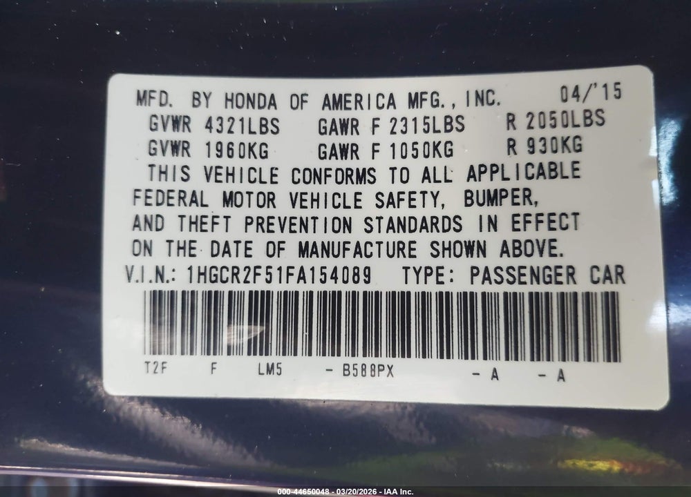 2015 HONDA ACCORD SPORT VIN: 1HGCR2F51FA154089