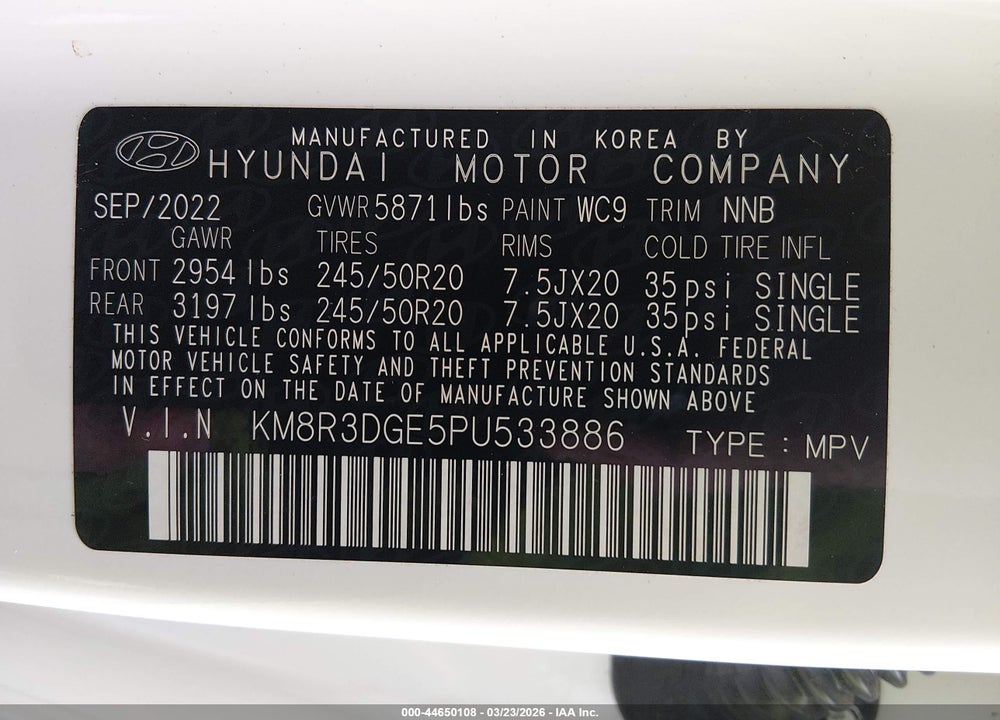 2023 HYUNDAI PALISADE XRT VIN: KM8R3DGE5PU533886