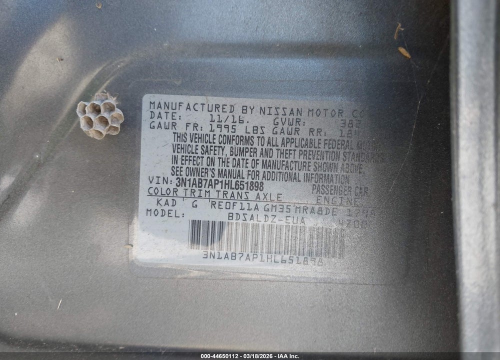 2017 NISSAN SENTRA VIN: 3N1AB7AP1HL651898