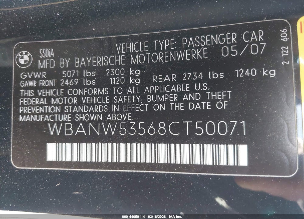 2008 BMW 550I VIN: WBANW53568CT50071