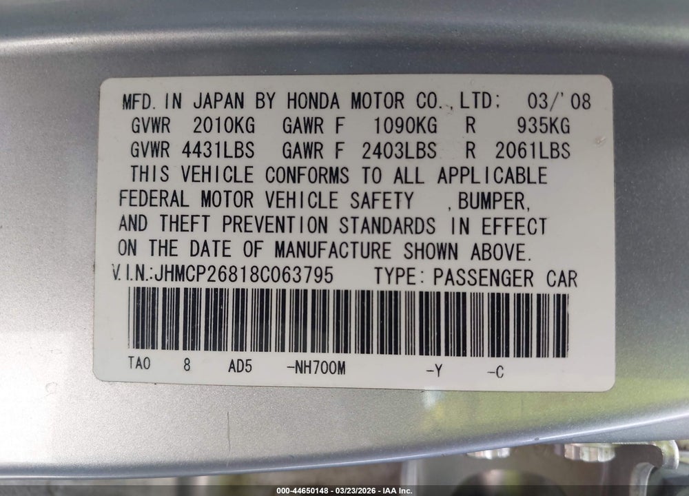 2008 HONDA ACCORD 2.4 EX-L VIN: JHMCP26818C063795