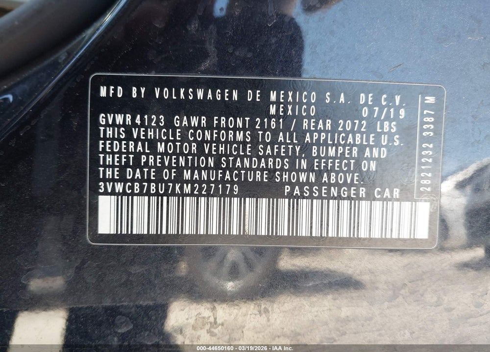 2019 VOLKSWAGEN JETTA VIN: 3VWCB7BU7KM227179