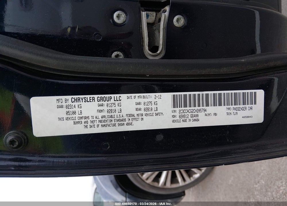 2012 CHRYSLER 300 LIMITED VIN: 2C3CCACG2CH205794
