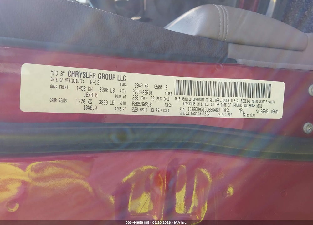 2013 DODGE DURANGO SXT VIN: 1C4RDHAG1DC686463