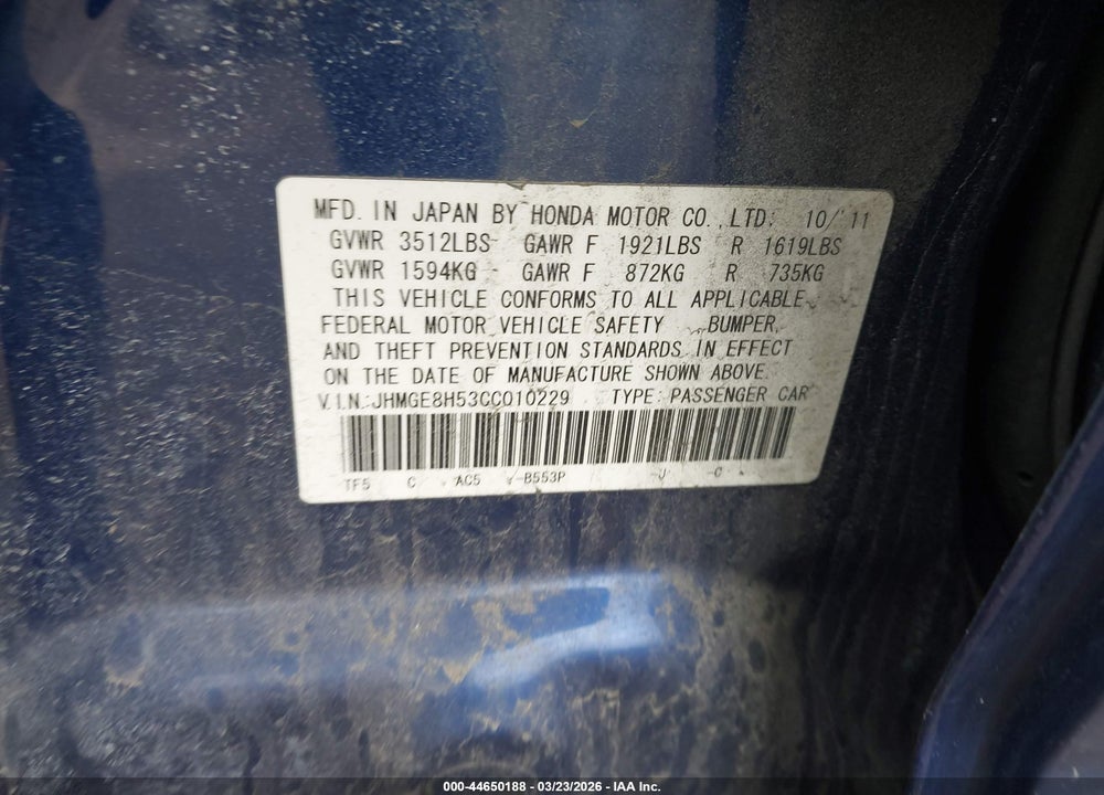 2012 HONDA FIT SPORT VIN: JHMGE8H53CC010229