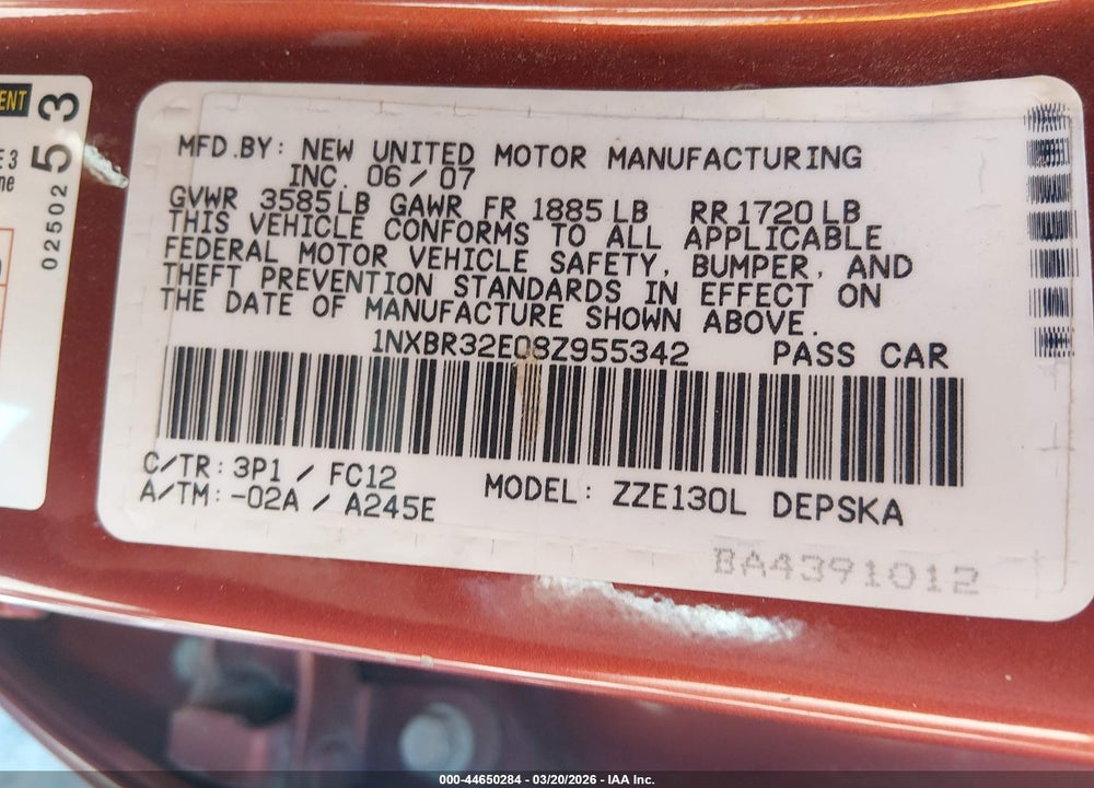 2008 TOYOTA COROLLA S VIN: 1NXBR32E08Z955342