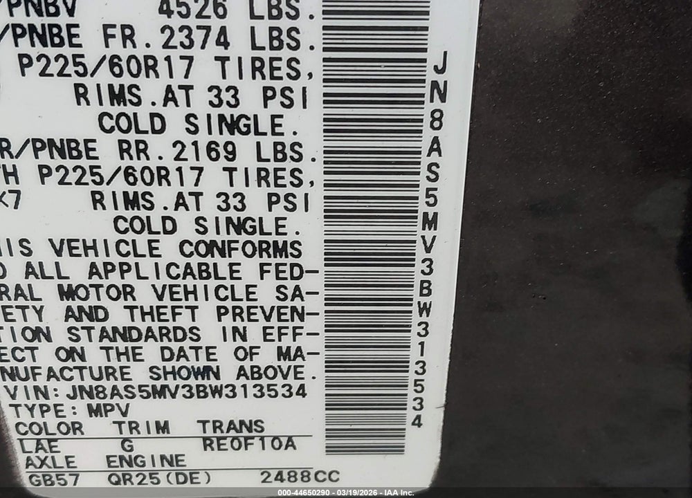 2011 NISSAN ROGUE SV VIN: JN8AS5MV3BW313534