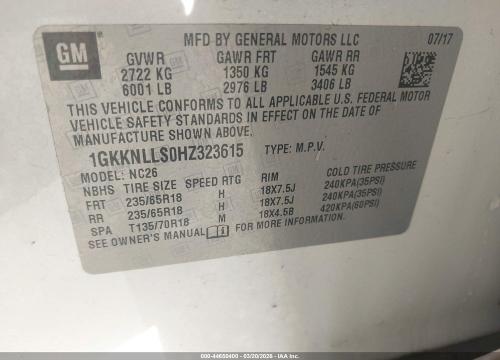 2017 GMC ACADIA SLE-2 VIN: 1GKKNLLS0HZ323615